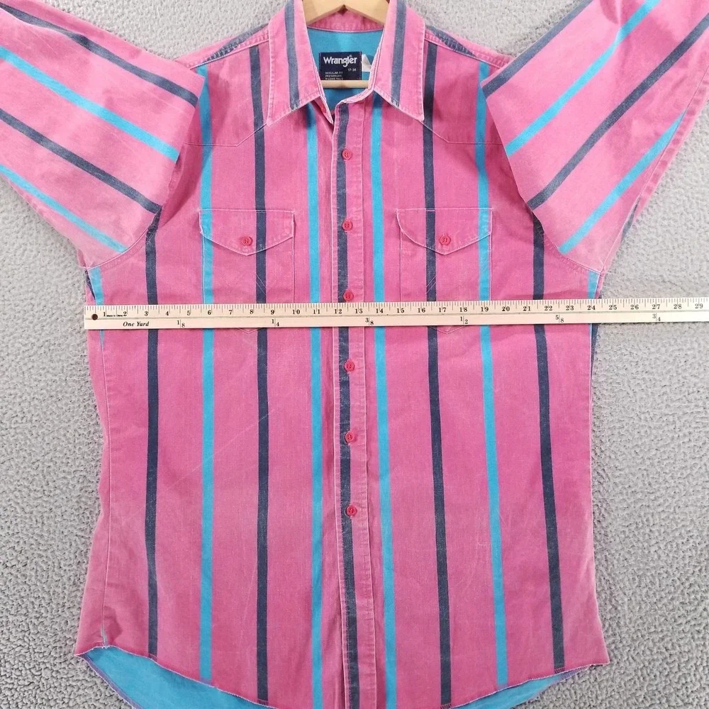 VTG Wrangler Brushpopper Shirt Mens 17 XL Pink Striped Western Rodeo Cowboy Blue